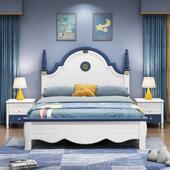 美式 蓝白儿童床现代简约1米2单人1.5实木床1米35男孩高箱储物小床