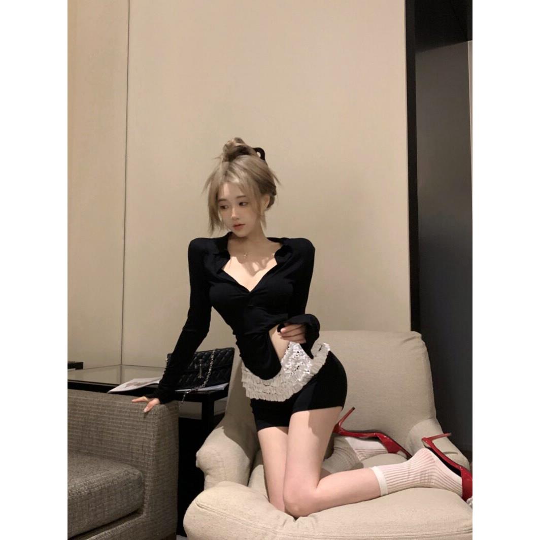 kumikumi纯欲风套装性感黑色T恤女装夏季蕾丝花边短裤热裤两件套图片