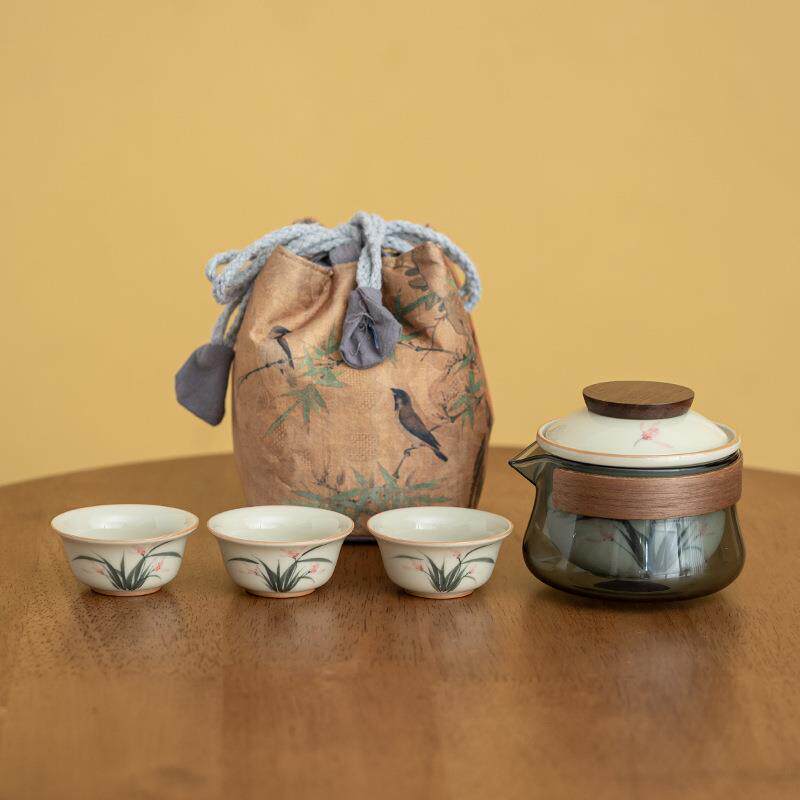 冰台手绘竹子快客杯一壶三杯便携式收纳包玻璃旅行茶具户外泡茶壶