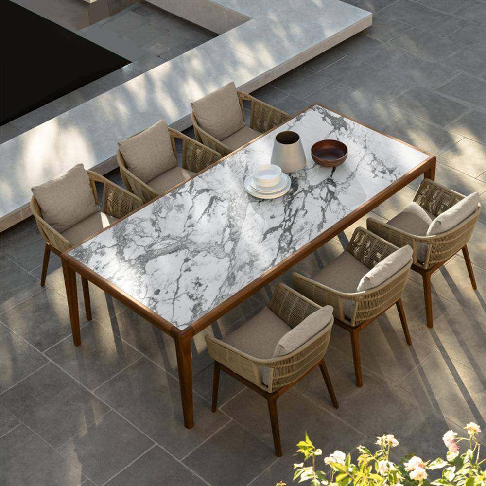 户外桌椅庭院别墅休闲防腐木长桌组合北欧室外花园阳台柚木绳编椅