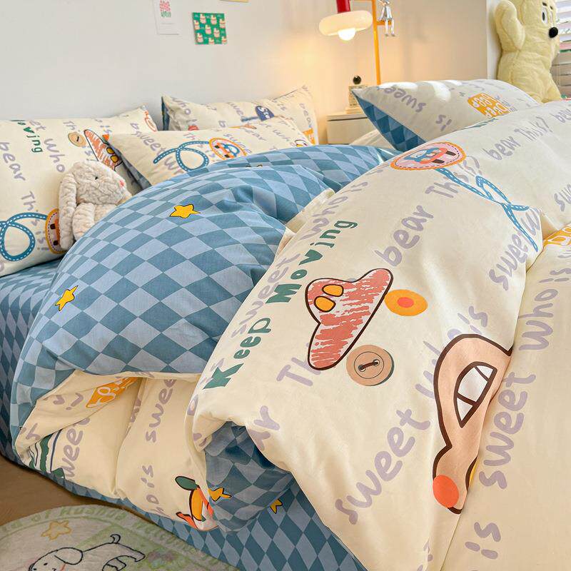 可爱纯棉床上用品四件套100全棉卡通宿舍床单三件套儿童床笠被套4