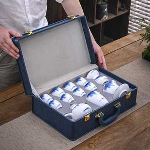 陶瓷家用泡茶碗茶壶盖碗整套皮盒装 13头高档釉下彩手绘茶具套装