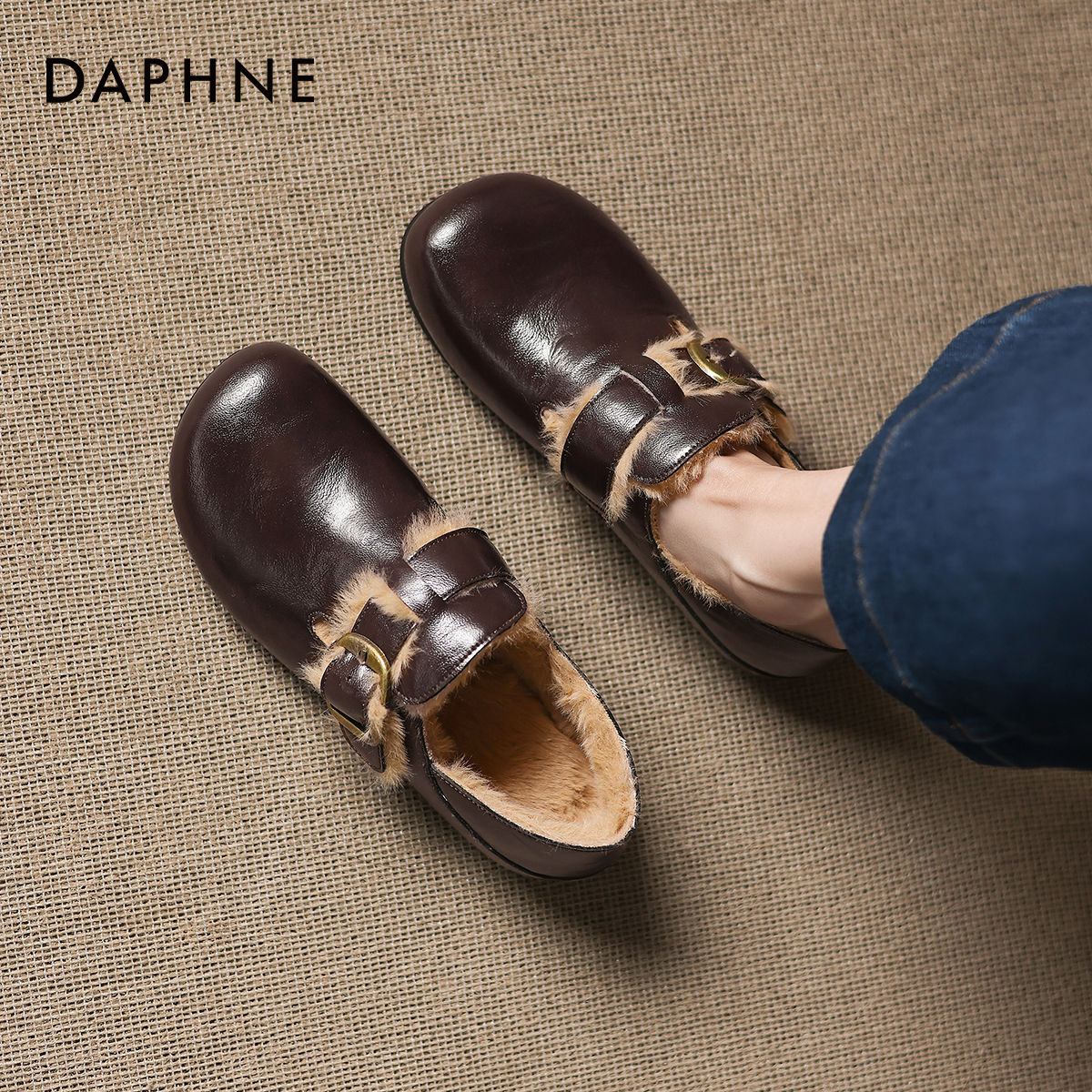 达芙妮平底加绒勃肯鞋女毛毛单鞋