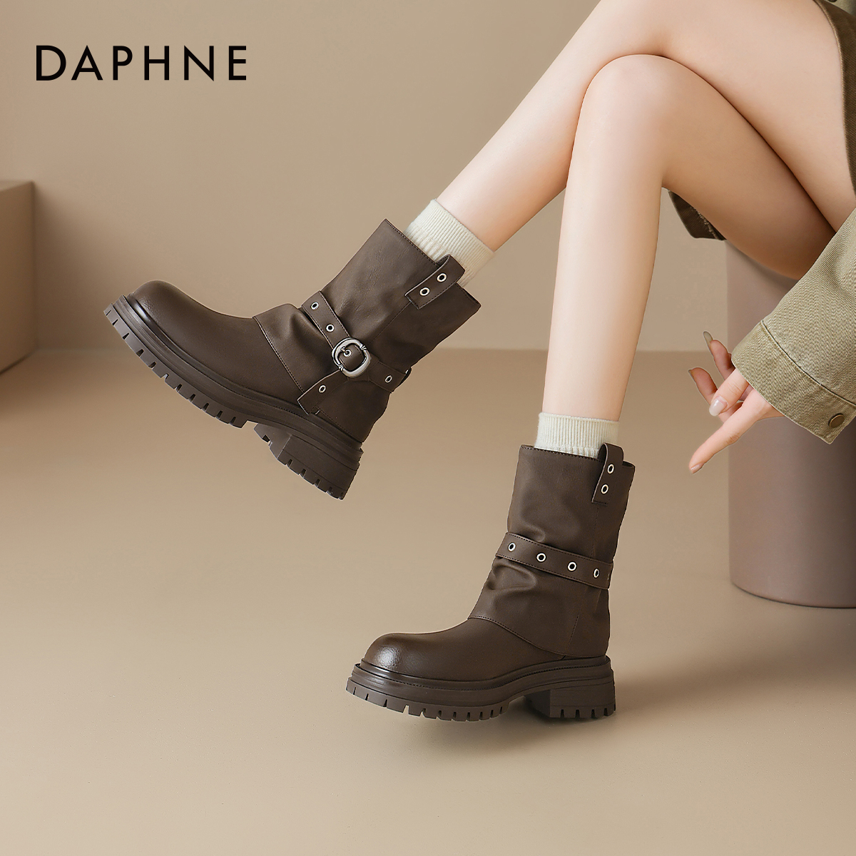 达芙妮棕色堆堆靴子厚底马丁靴女