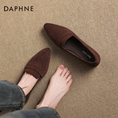 女2026新款 冬季 尖头平底单鞋 达芙妮粗跟乐福鞋 棕色通勤一脚蹬皮鞋