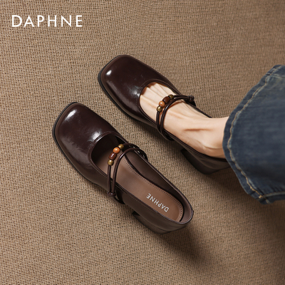 达芙妮高跟单鞋女粗跟棕色通勤