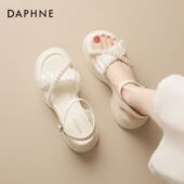 女2026新款 夏季 白色一字带增高松糕女鞋 达芙妮厚底凉鞋 高跟沙滩鞋