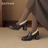 女2026新款 冬季 保暖山茶花高跟鞋 达芙妮加绒乐福鞋 一脚蹬粗跟单鞋