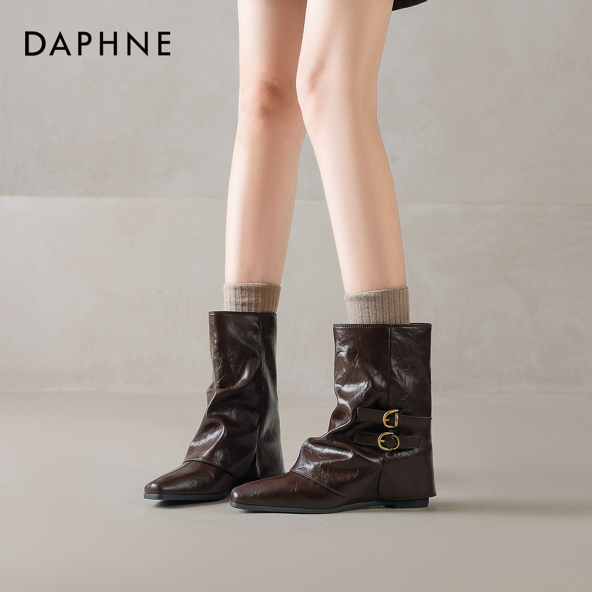 达芙妮棕色短靴女美拉德内增高