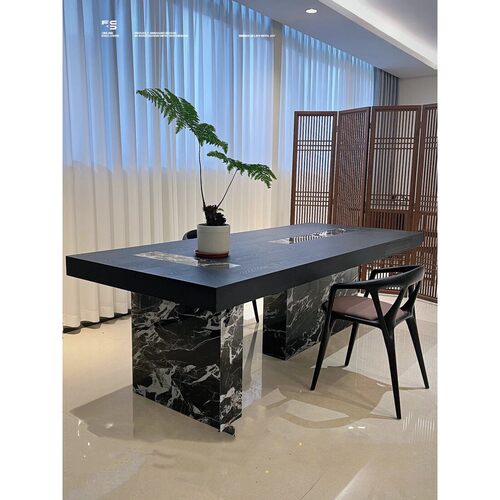 意式极简实木茶桌设计师别墅泡茶台简约大理石茶台黑百花岩板茶桌