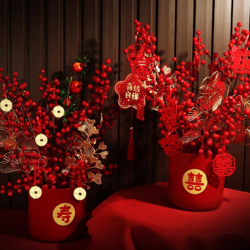 结婚生日开业新年乔迁金色福桶插花桶气氛装饰摆件仿真花套装