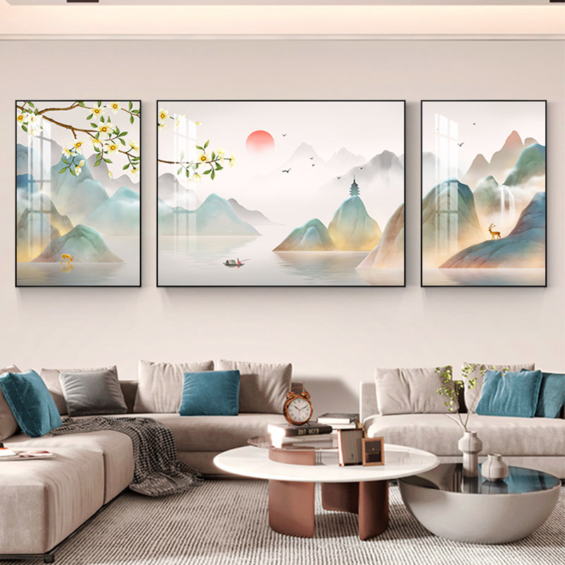 千里江山图客厅装饰画高级感山水画沙发背景挂画三联画大气壁画