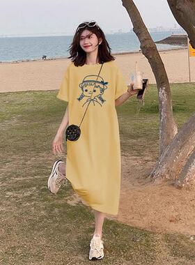 码胖mmLF100081短袖T恤裙女大2026季新款洋花气卡通印夏中长款圆