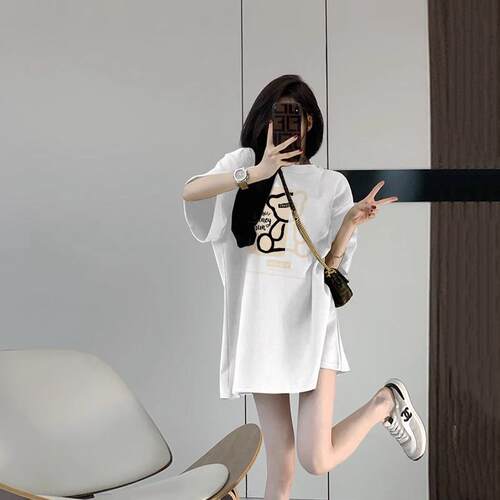 纯棉袖TL34533F恤女春短夏下衣失踪大版宽松中长小体熊印花款正肩