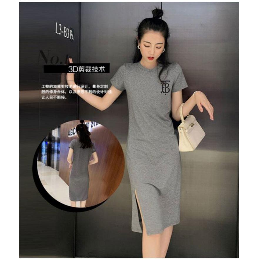 韩国2春202147160闲26短叉袖T恤开洋装女夏新款宽松大尺码休裙显