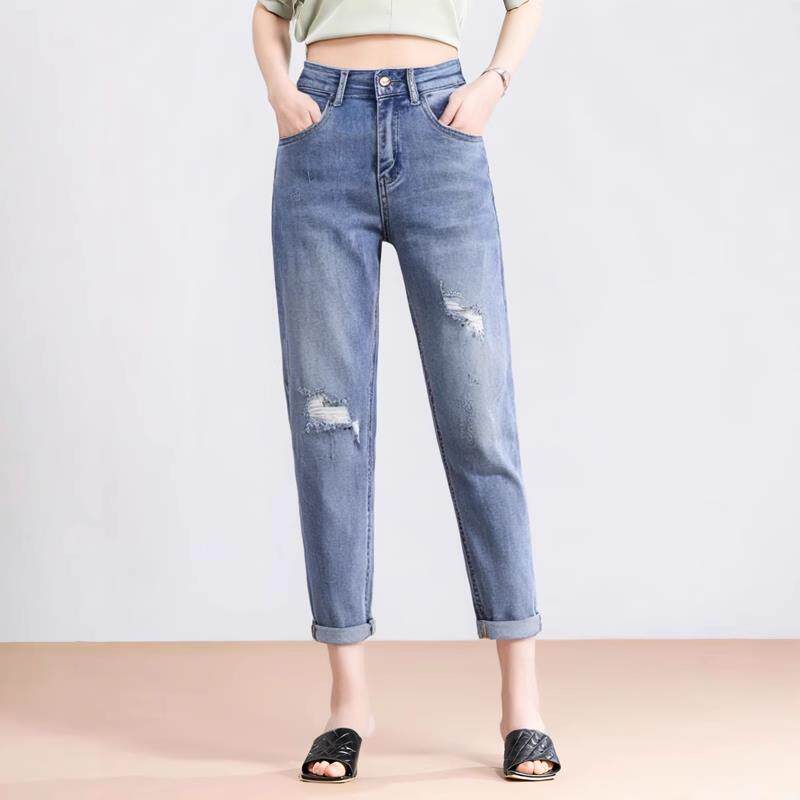 破洞牛仔子女腰202显5新款高T5668夏季宽松休闲小脚裤九分哈伦裤