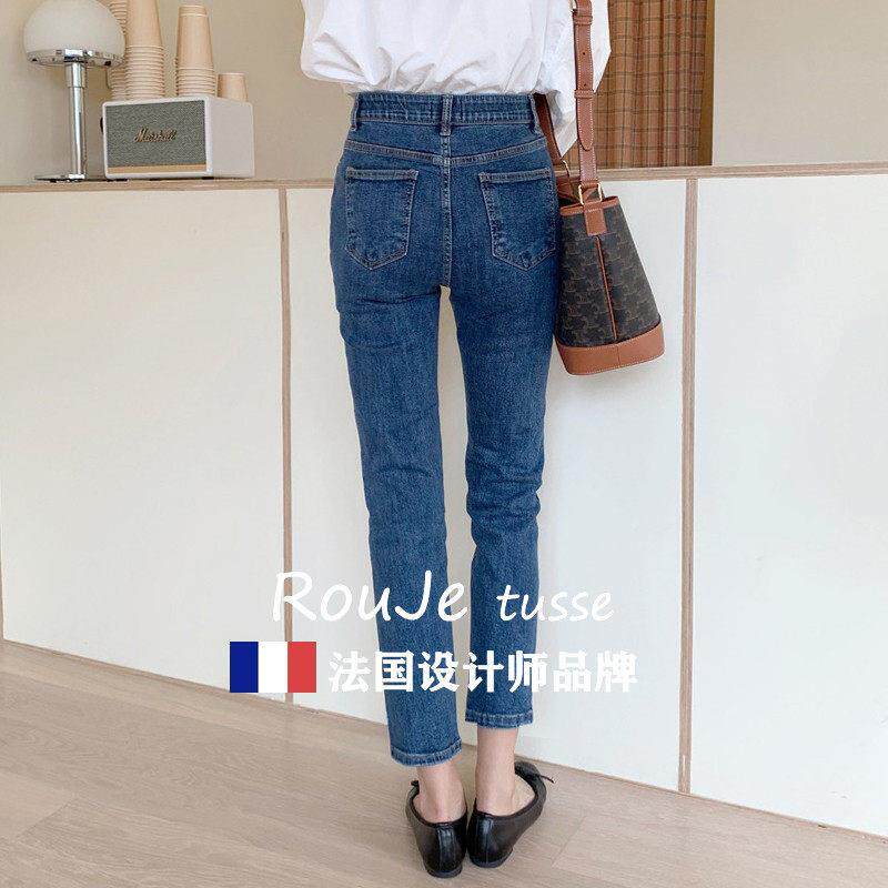 法国Ruuj宽e tsse深蓝直筒大码牛仔裤女小个子65442431松o显瘦高