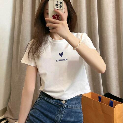 白纯棉正花肩短袖T恤衣女夏季新款洋派漂亮短款色L30305F小衫印半