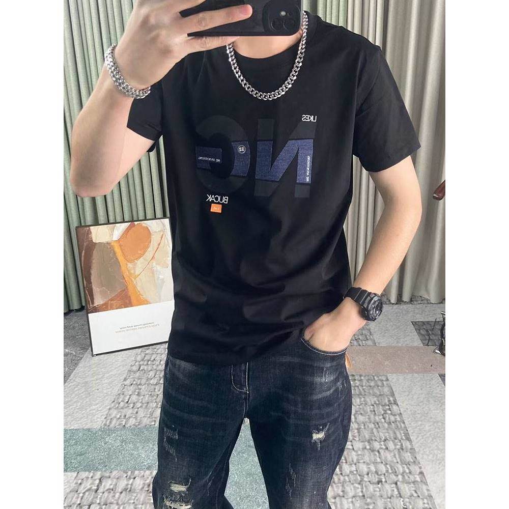 潮牌男士短袖T恤夏季字母刺绣印花新款个性青年圆领潮流修身上衣