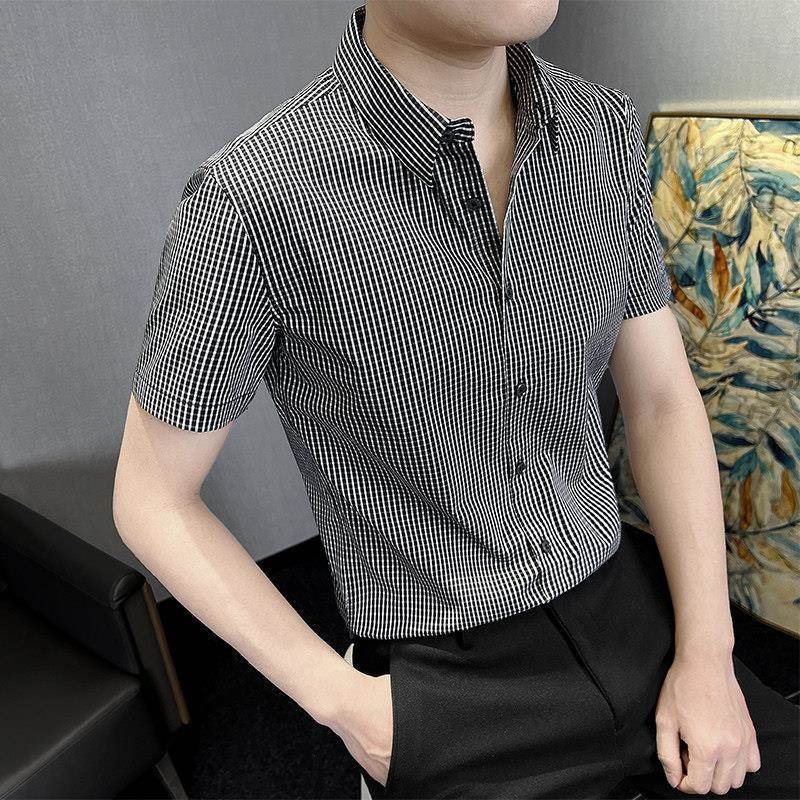 高端纯棉小格子衬衫男短袖夏季薄款韩版修身潮流帅气商务休闲衬衫