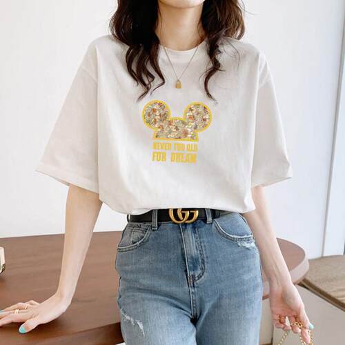 i韩国女s装2026年新款潮女士宽松纯棉白t41258569恤女夏短版袖韩n