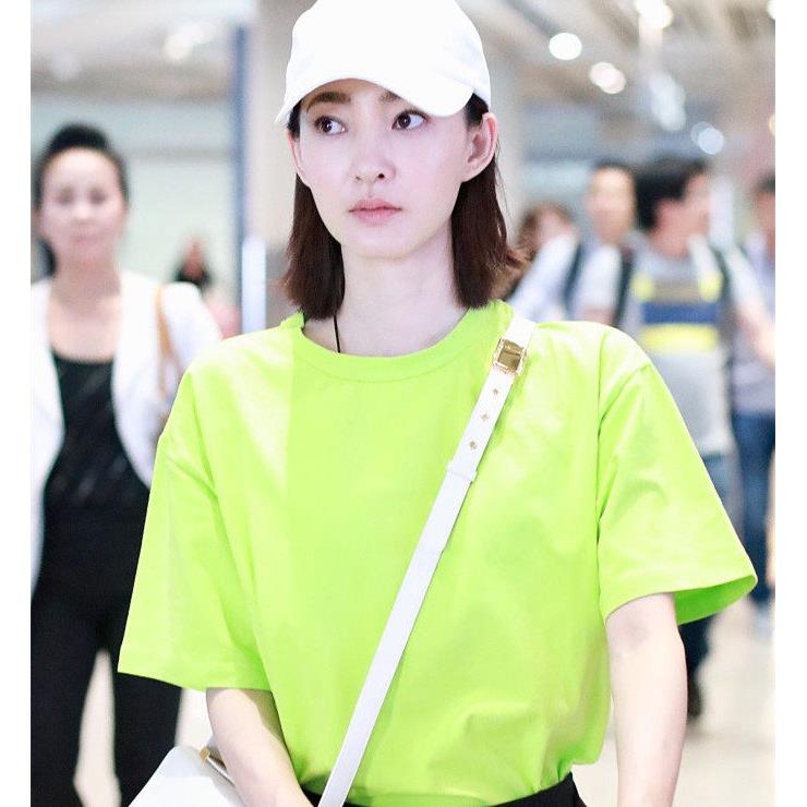 明星同款萤光绿宽松ins超火短袖T恤韩版简约复古夏季百搭上衣女