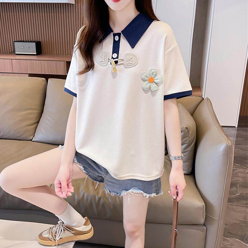 华夫格TPolo领短袖2恤少女夏装初2LF24040605新款中高中学生宽松