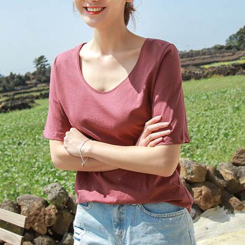 白色圆领大短袖恤女2025休夏季新款韩版宽松闲领口低L15474F领半