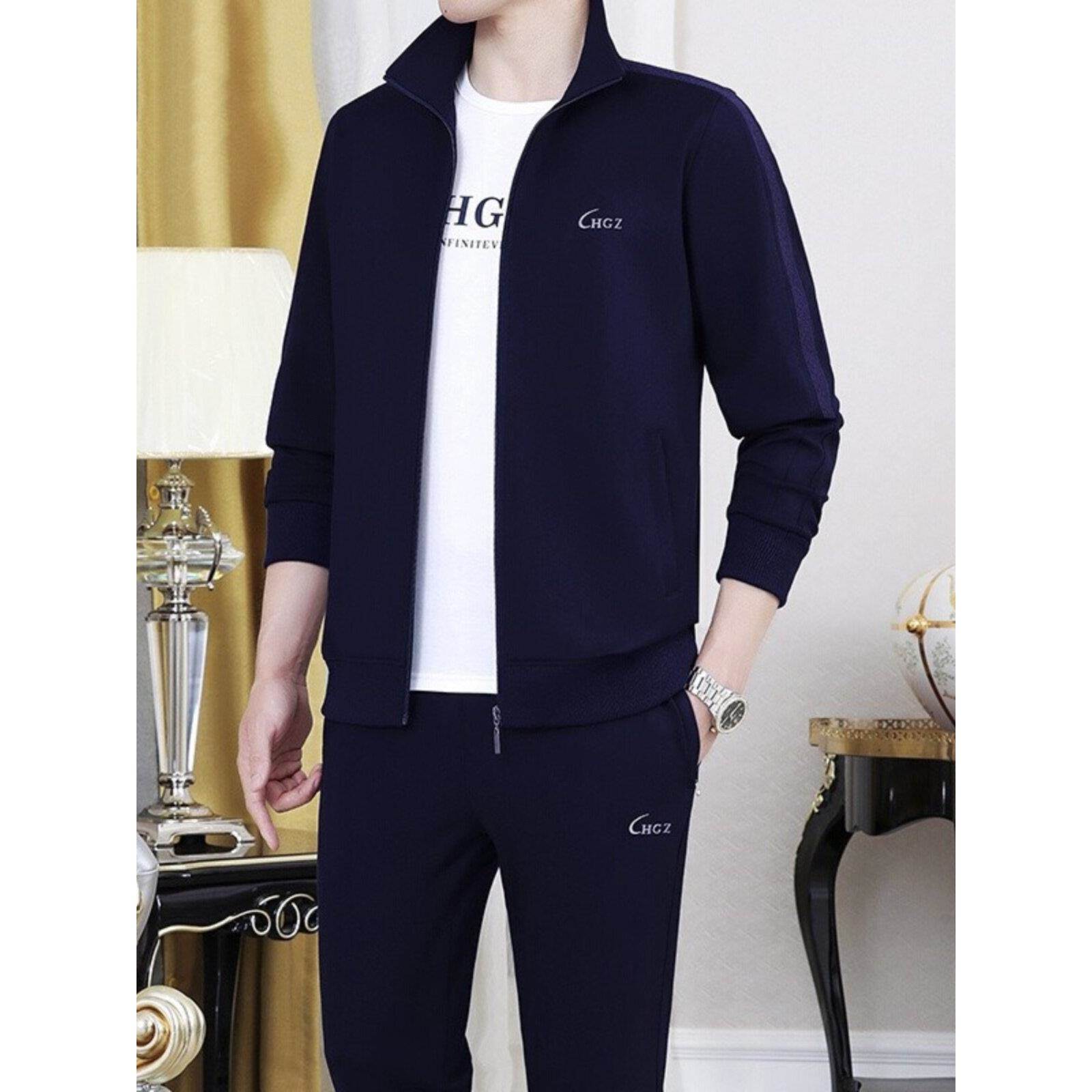 皮尔卡丹男士休闲套装运动服宽松2025春秋季中老年爸爸三件套秋装