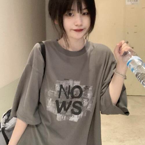 韩国夏季国美式复11240161古甜酷辣妹宽松圆领短袖恤女ins搭百T显