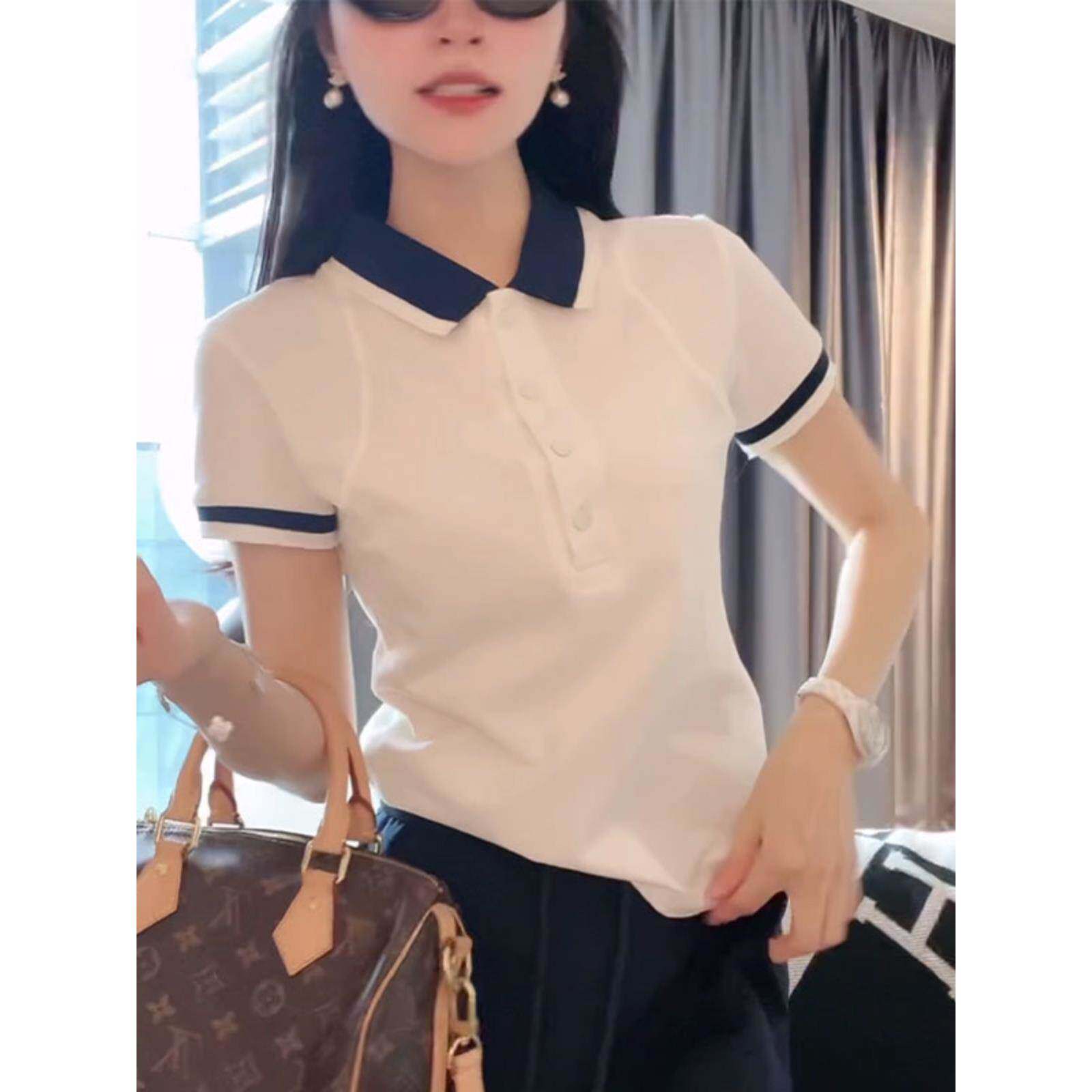 白色翻领短袖T恤女2024夏季新款宽松显瘦时尚百搭撞色POLO衫上衣