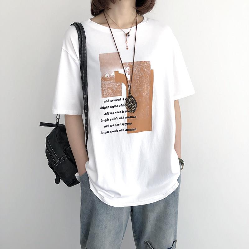韩国显瘦T恤女夏206新中款春宽OHW松大尺码纯棉2长版印花休闲薄款