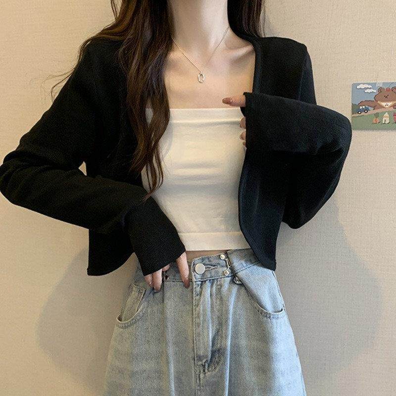 黑色带长季袖针织开衫女秋薄款205秋2季流L32308F-行单品配吊短款