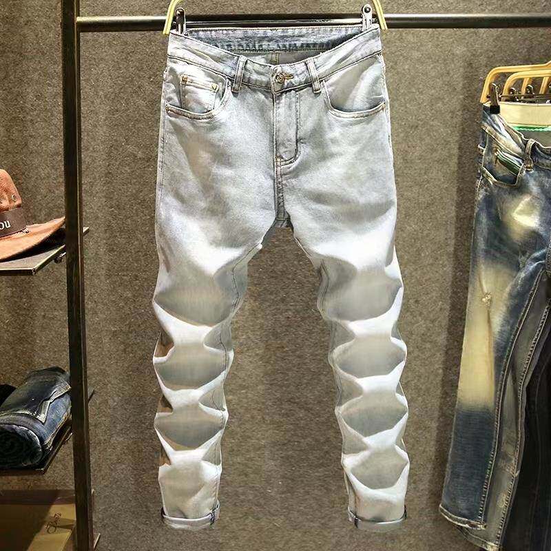 香港潮牌夏季薄款浅色牛仔裤男修身弹力小脚裤休闲百搭青年长裤子