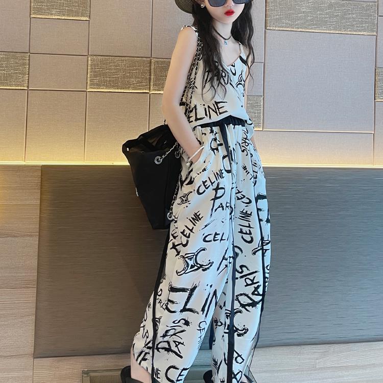 韩国女童夏季套装2024新款女大童时髦吊带背心儿童夏款冰丝防蚊裤