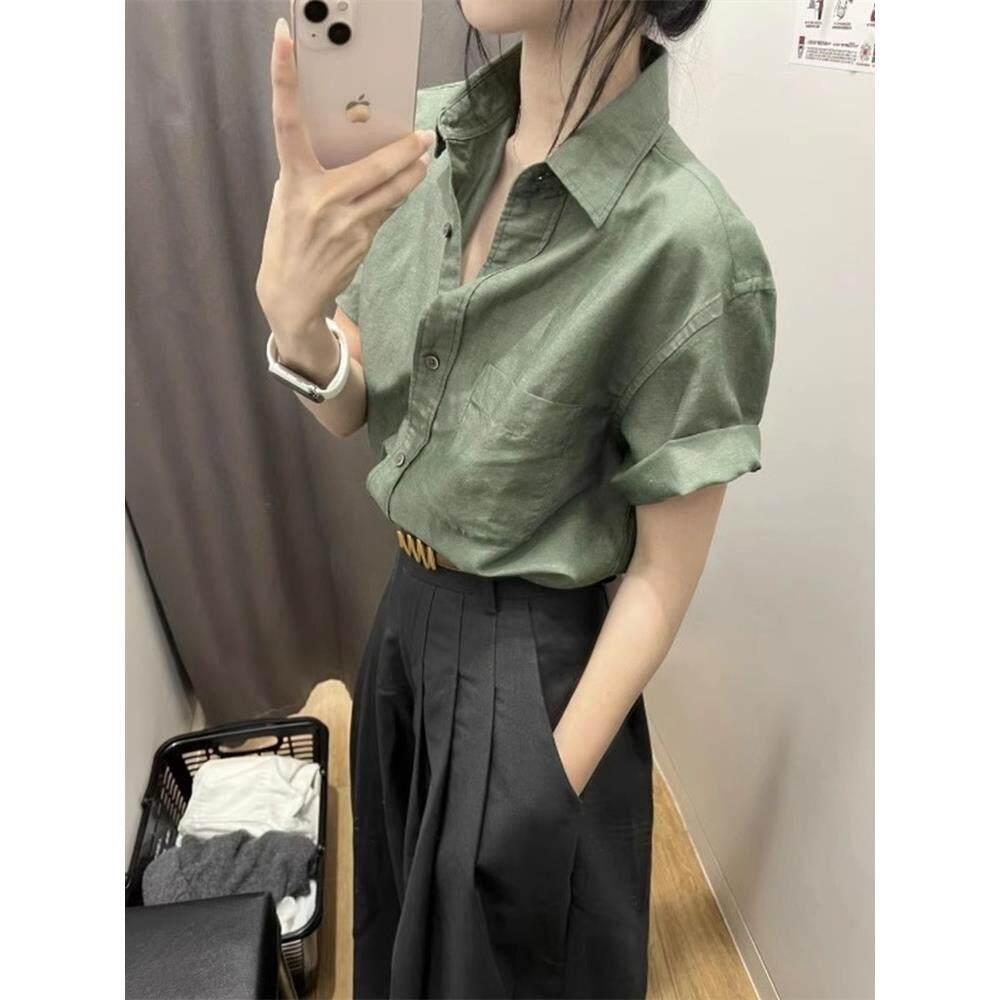 绿色短袖衬衫女装五一出游出片穿搭夏季新款别致上衣宽松衬衣上衣