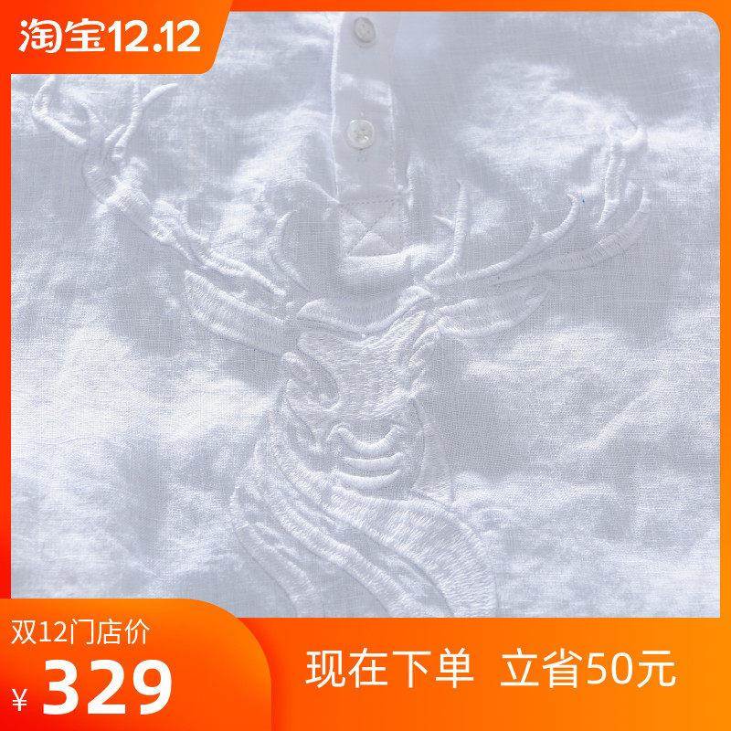 香港鹿头刺T松绣亚VFA麻短袖男立领宽文艺时尚潮恤夏季棉麻半袖上