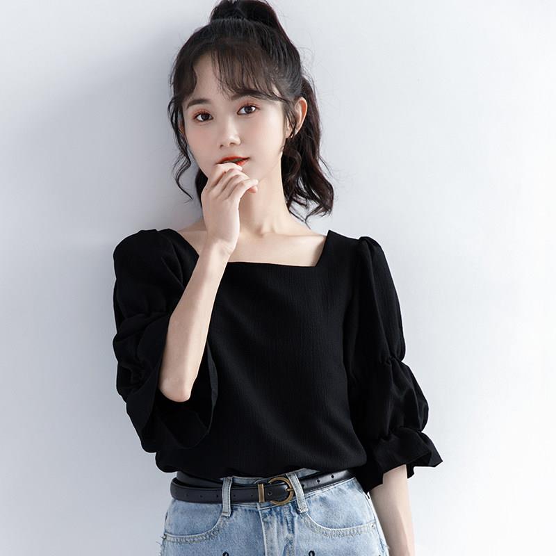国202上5春夏法新款短袖黑色T恤女设计感式锁骨方领WZQ泡泡韩袖衣