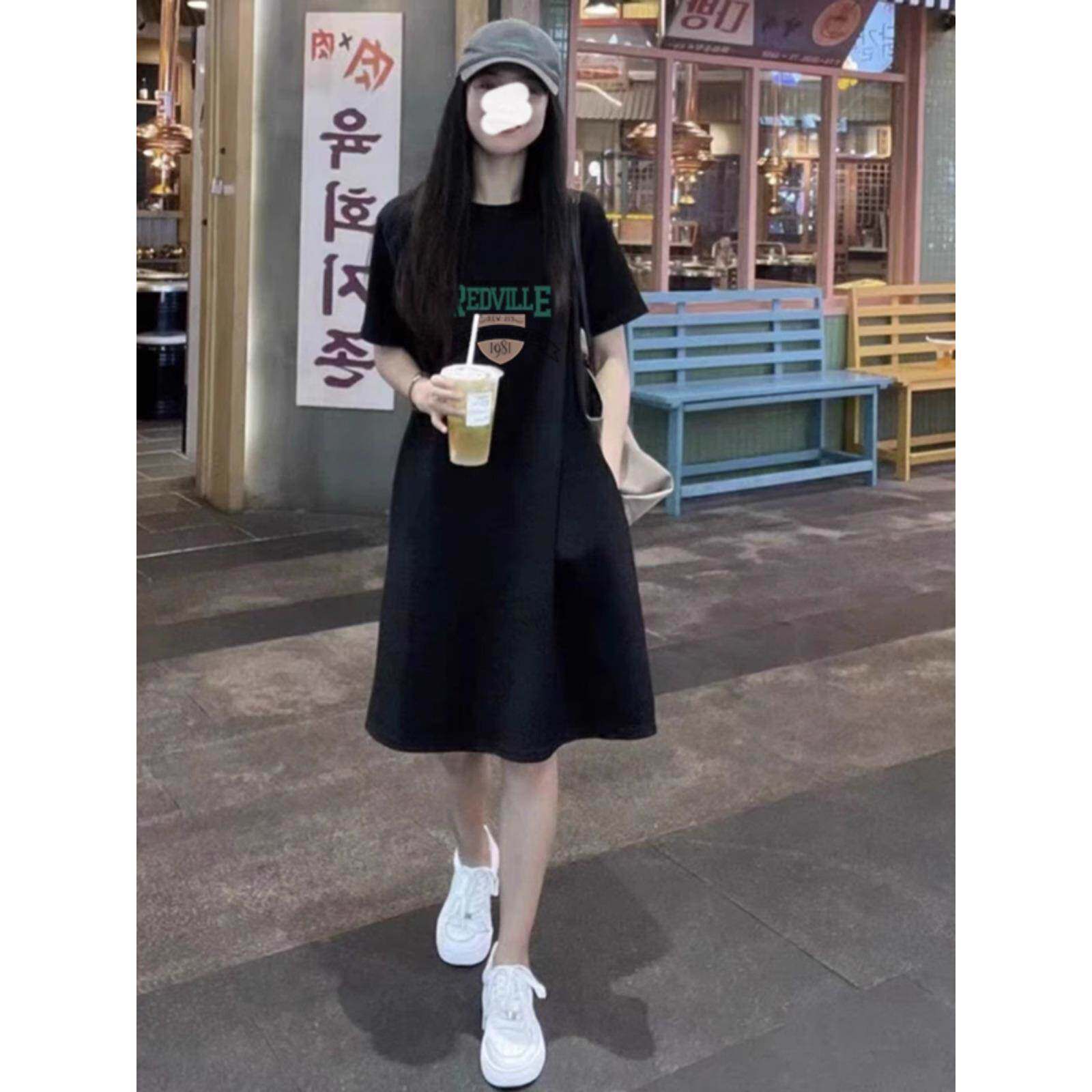 黑色短袖T恤裙女2025年夏季新韩版洋气印花宽松休闲中长款连衣裙