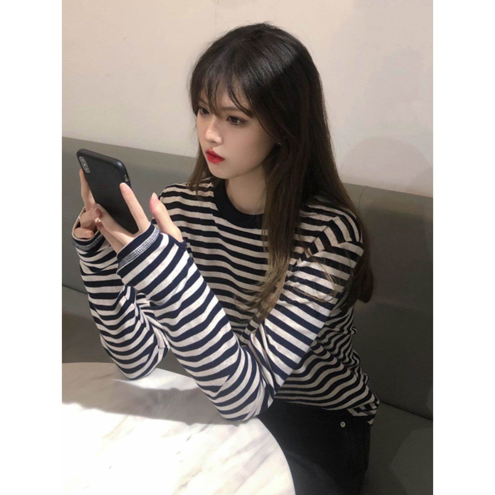 内韩国条纹长袖恤女春装秋冬季黑潮白条纹卫衣搭ILB女上衣ins设计
