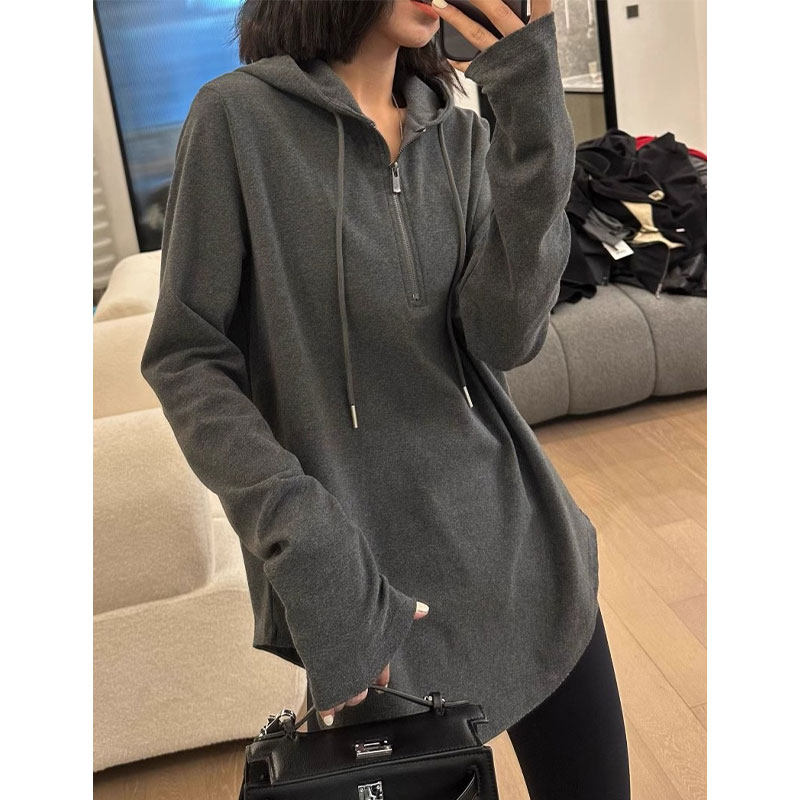 深灰色加绒连帽长袖t恤女2025秋冬新款宽松休闲设计感中长款上衣