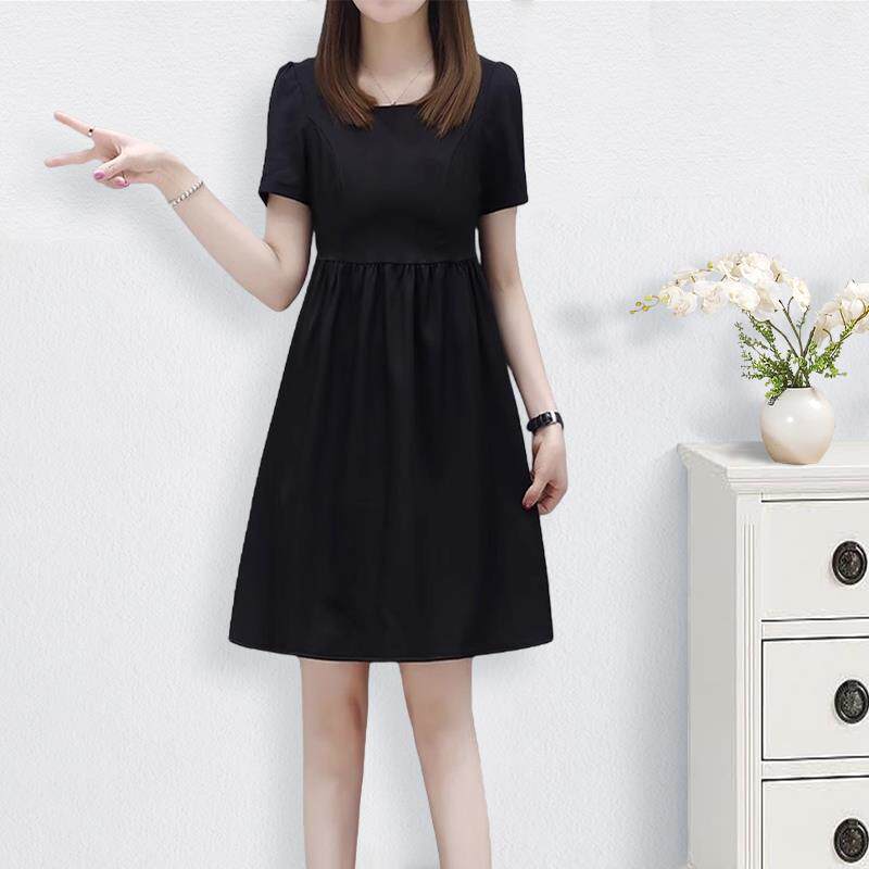 Mealiers黑色宽松连衣裙女2024夏季新款时尚收腰显瘦大码a字裙子