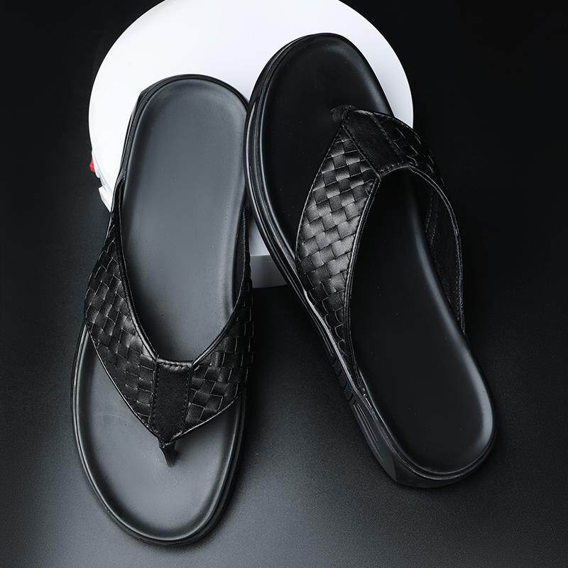 2025夏新款真皮沙滩人字拖鞋休闲耐磨防滑男士外穿编织一字拖凉拖