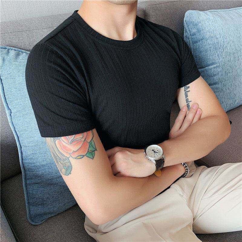 香港领短袖t士身恤男韩版潮条纹紧半袖夏季弹力修身白色圆打63948