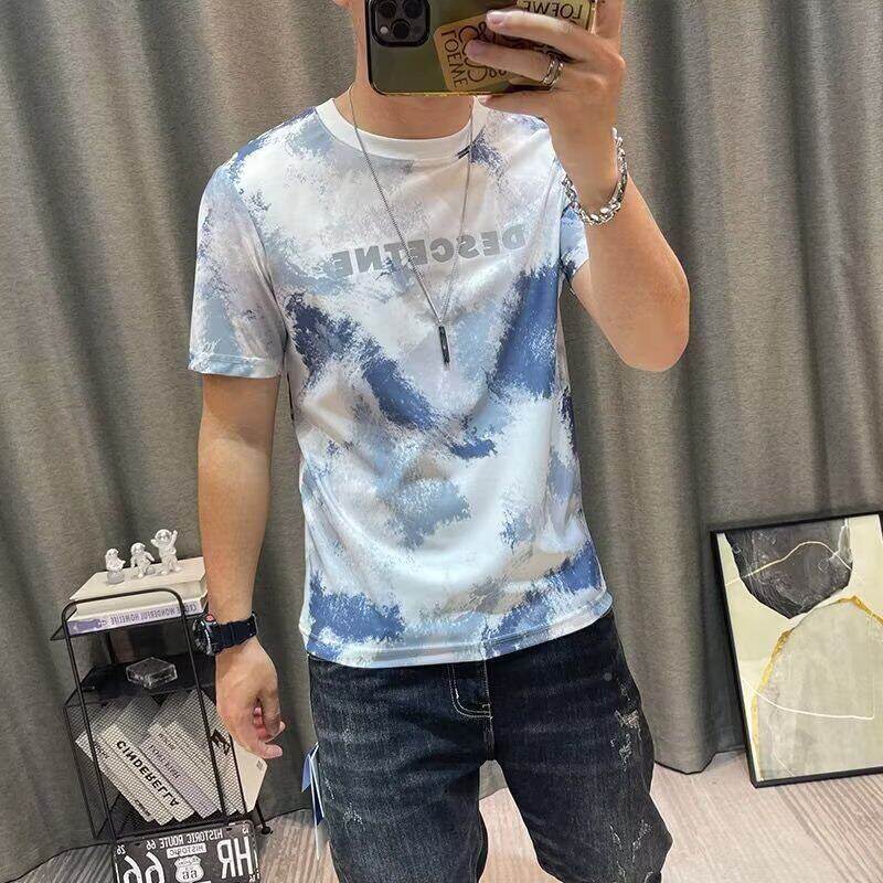 t潮男SEM夏季新款满身印花T恤衫修身半袖冰装感男衣服冰丝短袖牌