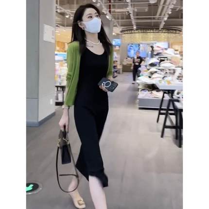 薄款冰丝针织开衫外套女2024年秋季新款气质中长款连衣裙两件套装