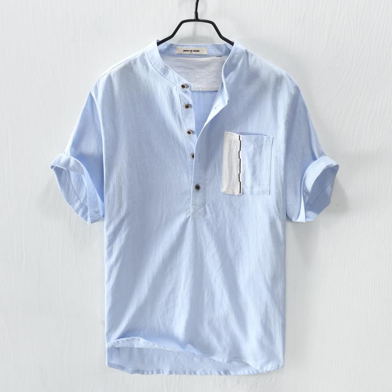 香港袋休闲男士亚麻袖T恤潮流口拼接棉麻布料LYRC130服立领上衣潮