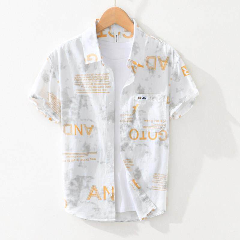 香港清新字衬母印花GJR短袖衬衫男装小夏季寸衣服流时潮尚帅气纯