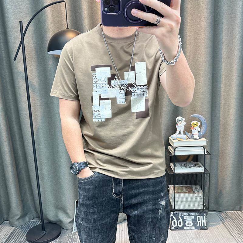 潮牌潮流印花男士恤夏季半短袖T衫韩版OKF年修身版时尚圆领袖青上