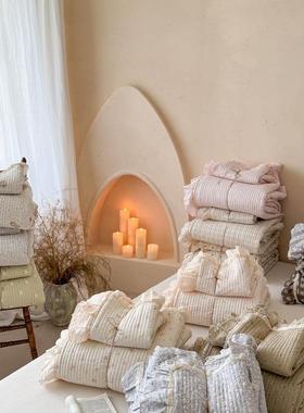 CELING法式风格一面全棉双层纱一面莫代尔绗缝夹棉花边床盖三件套